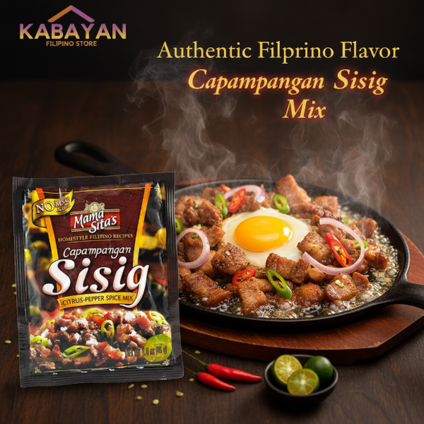 Packaging of Mama Sita's Capampangan Sisig Citrus Pepper Spice Mix on a white background with Kabayan logo.